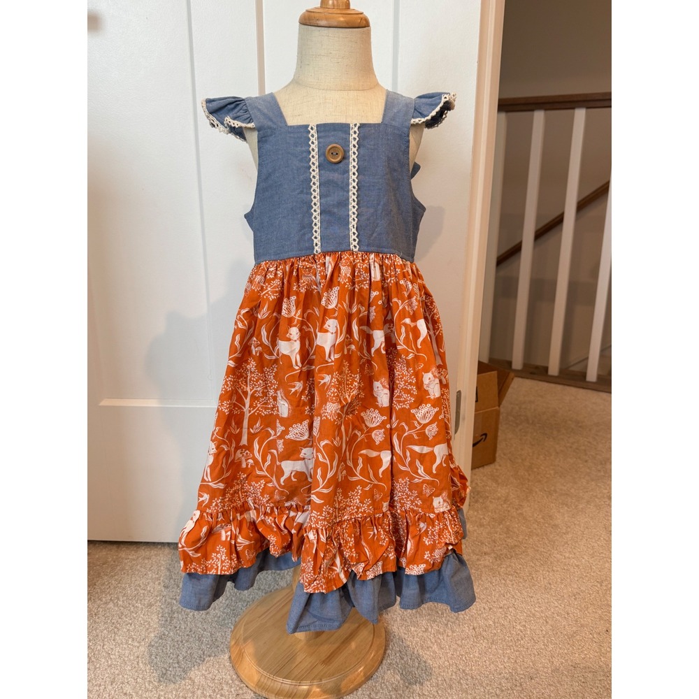 Eleanor Rose Girls Meredith Woodland Fox Orange Blue Chambray Dress Size 5-6